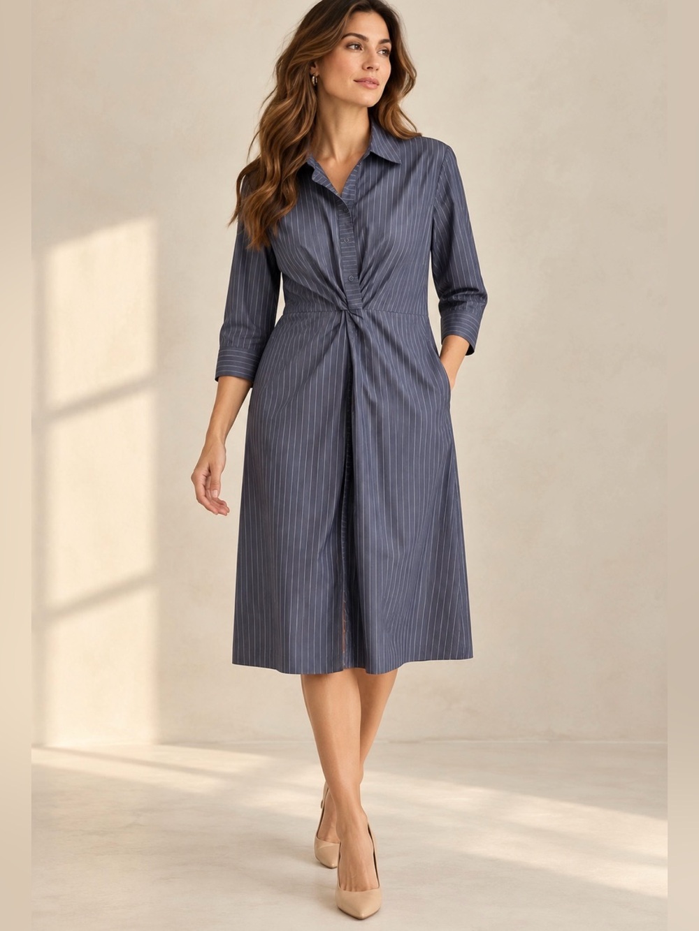 Lafayette 148 Pinstripe Twist Front Cotton Shirt Dress Blue Size 12